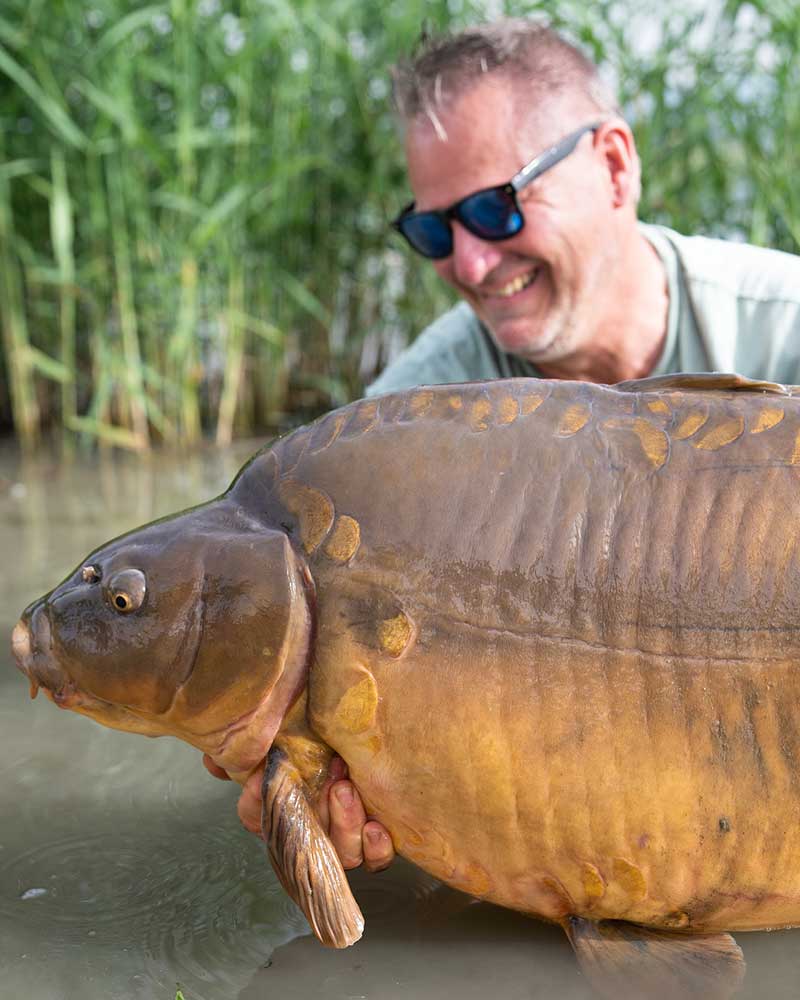 Frank Schmidt mit kapitalem Spiegelkarpfen beim Karpfenangeln im Wasser