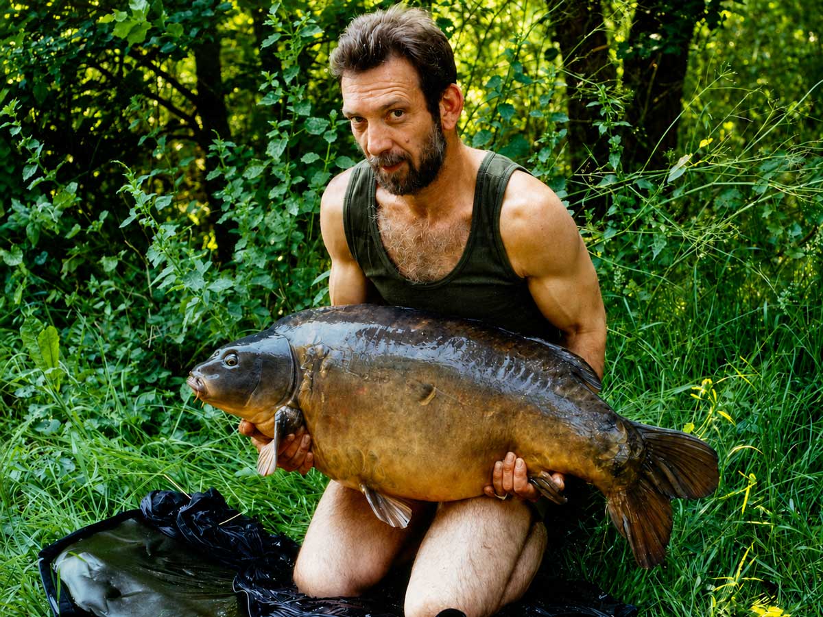 Sir Pete Springate sa zrcalnim šaranom od 45 lb 6 oz iz Wraysbury No. 1 Pit blizu Heathrow Airport