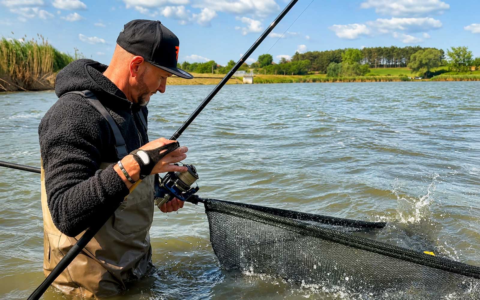 Fencl Carp Premium Kescher mit gummiertem Netz und schwimmfähigen Armen auf der Carp Austria Fischerei Messe