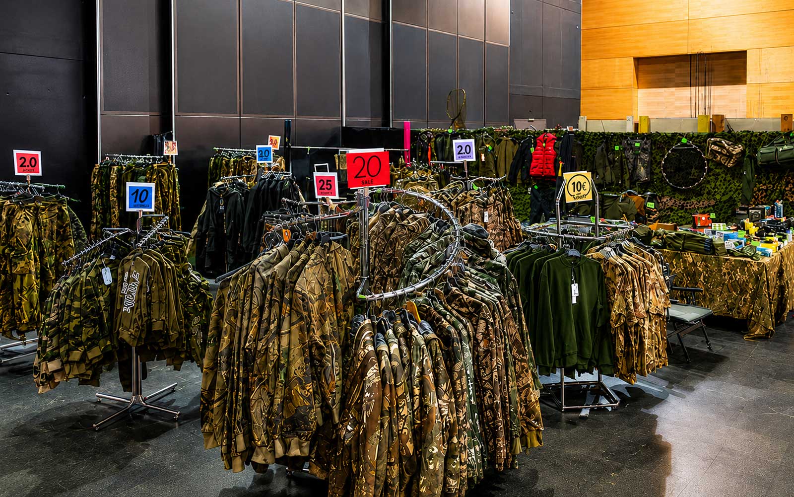 Som.si Messestand mit Funktionsbekleidung, Thermojacken und Angelhosen in Übergrößen auf der Carp Austria Fischerei Messe