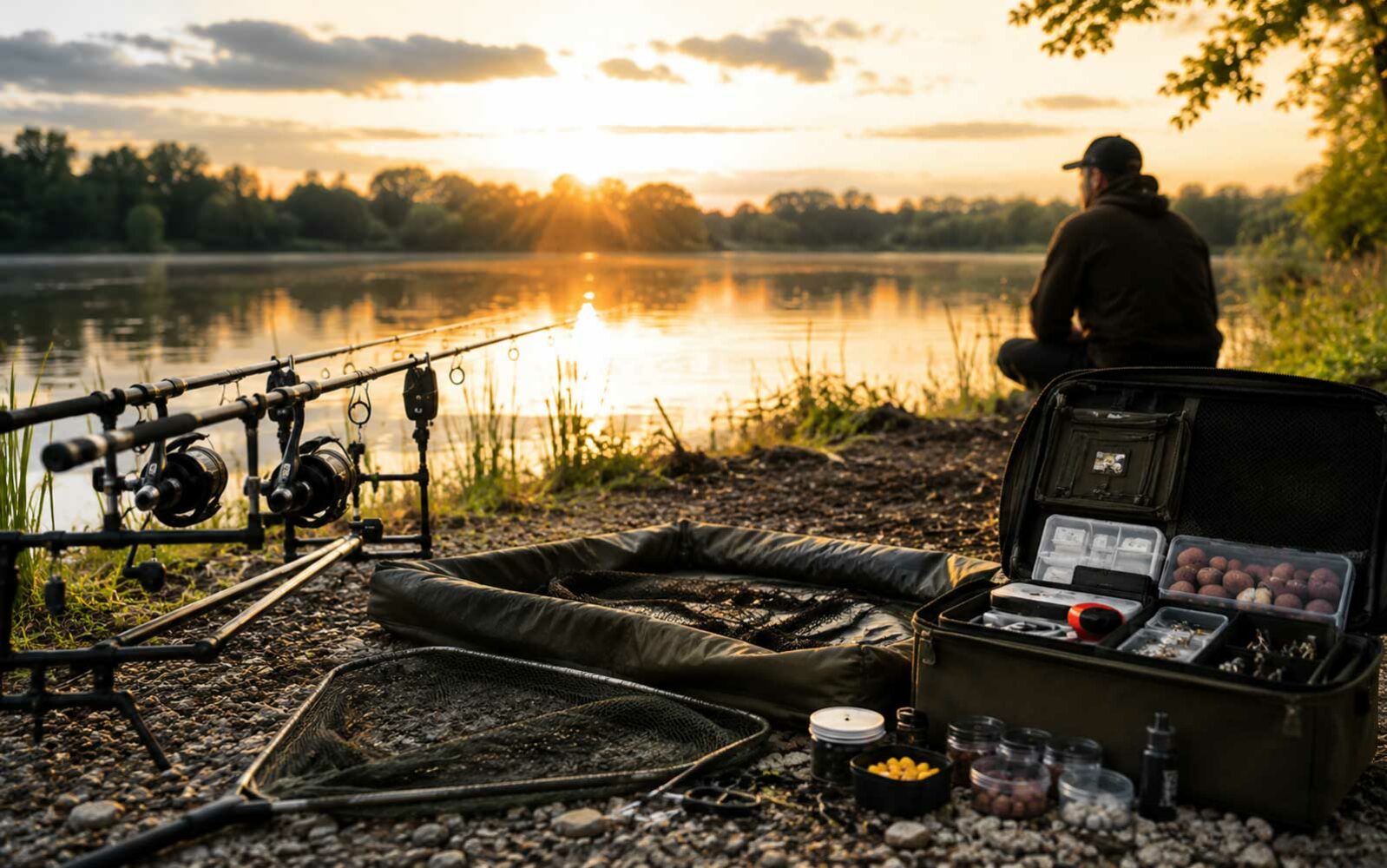 Karpfenangeln Ausrüstung am See mit Ruten, Tackle, Kescher und Montage für Anfänger