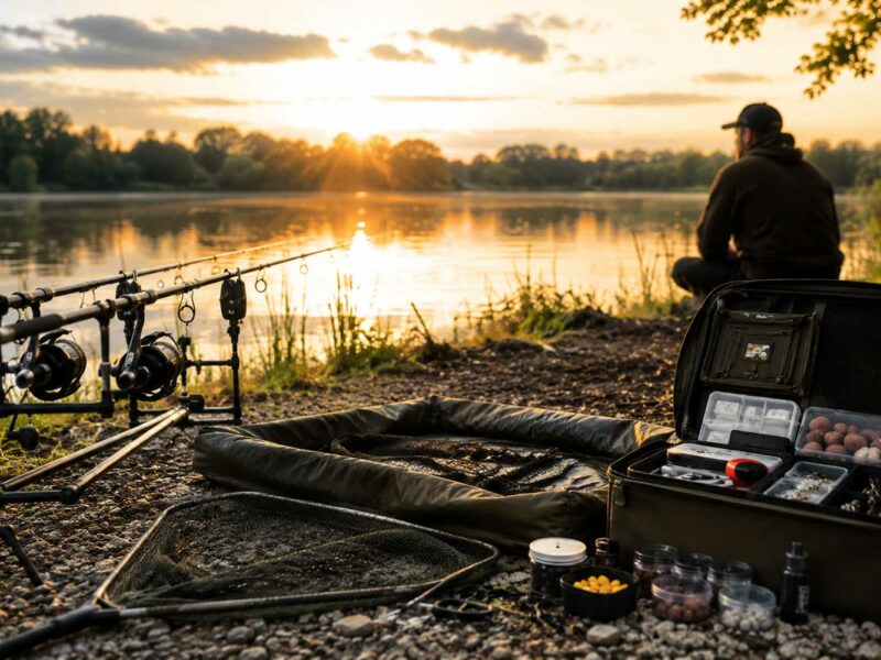 Karpfenangeln Ausrüstung am See mit Ruten, Tackle, Kescher und Montage für Anfänger