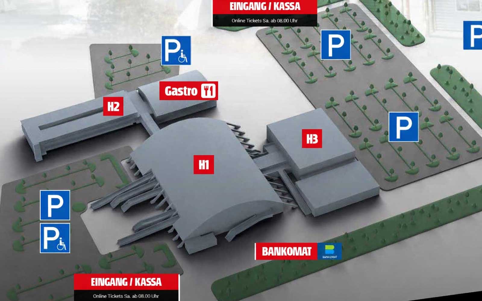 Geländeplan der Carp Austria in der ARENA NOVA Wiener Neustadt mit Messehallen, Eingängen, Parkplätzen und Eimer-Ausgabestelle