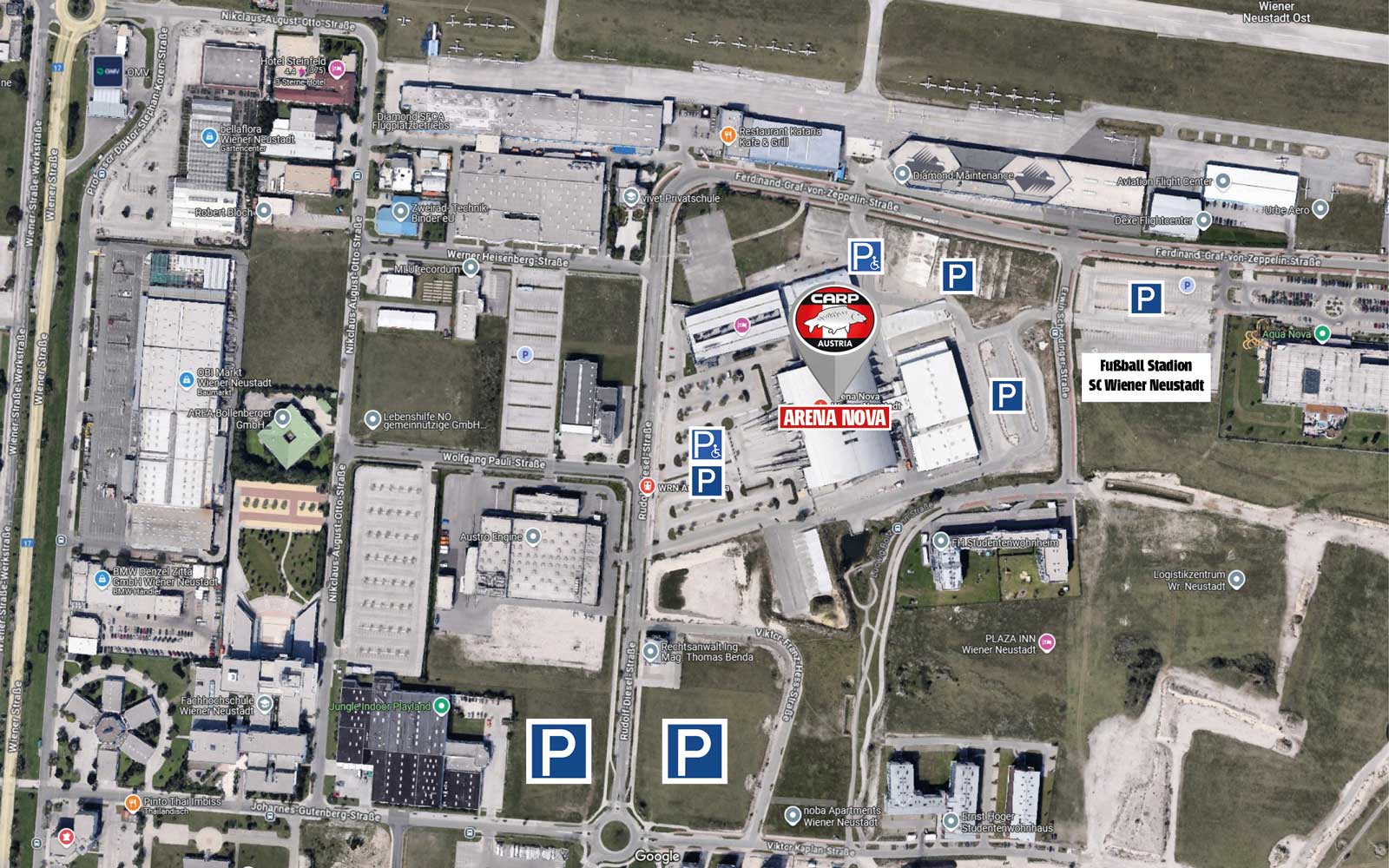Parkplätze und Geländeplan der Carp Austria bei der ARENA NOVA in Wiener Neustadt