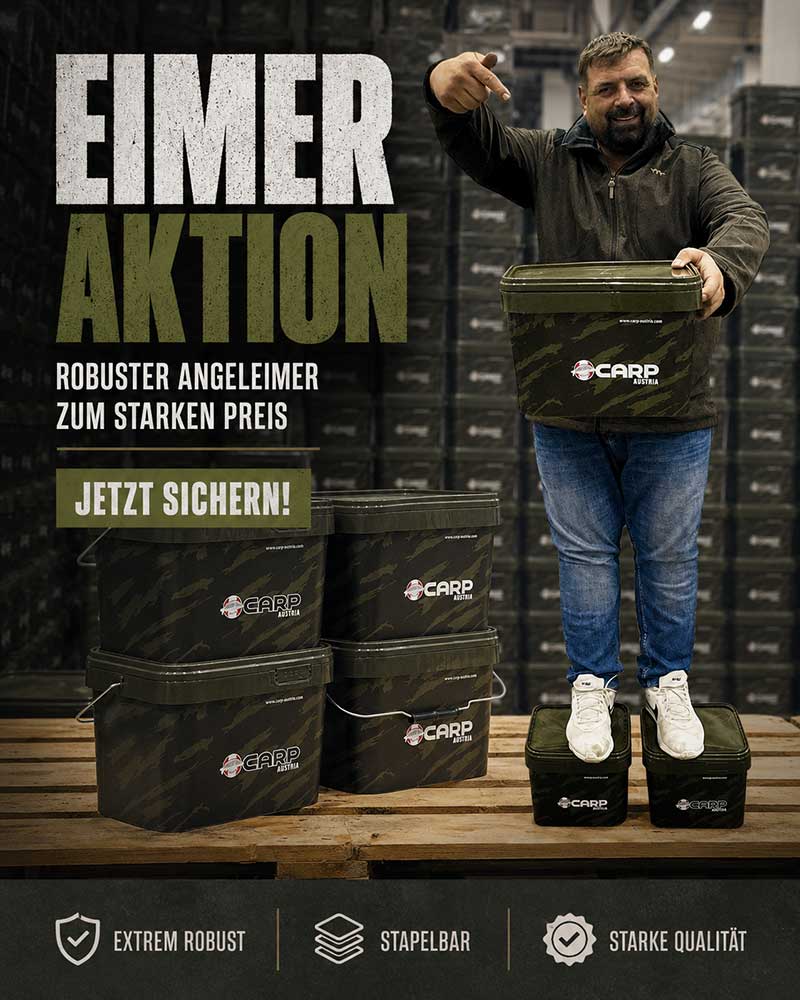 Angeleimer Aktion mit 5 Camouflage Eimern für 29,90 Euro auf der Carp Austria Angelmesse