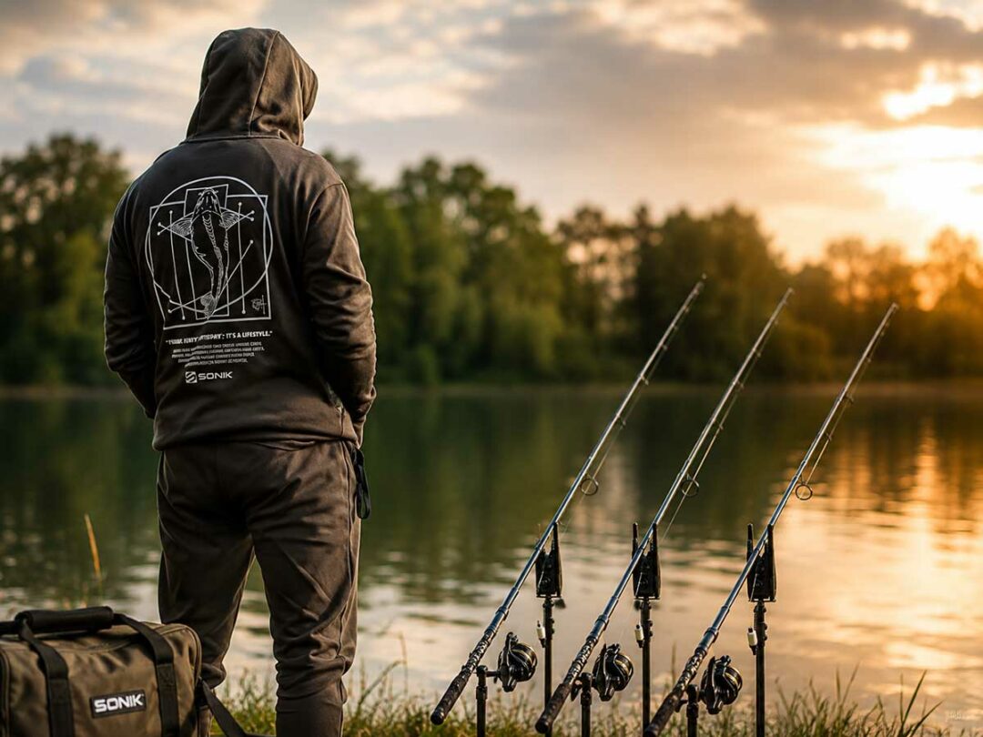 Angler mit Sonik Think Fishy Hoodie und Karpfenruten am Wasser bei Sonnenuntergang