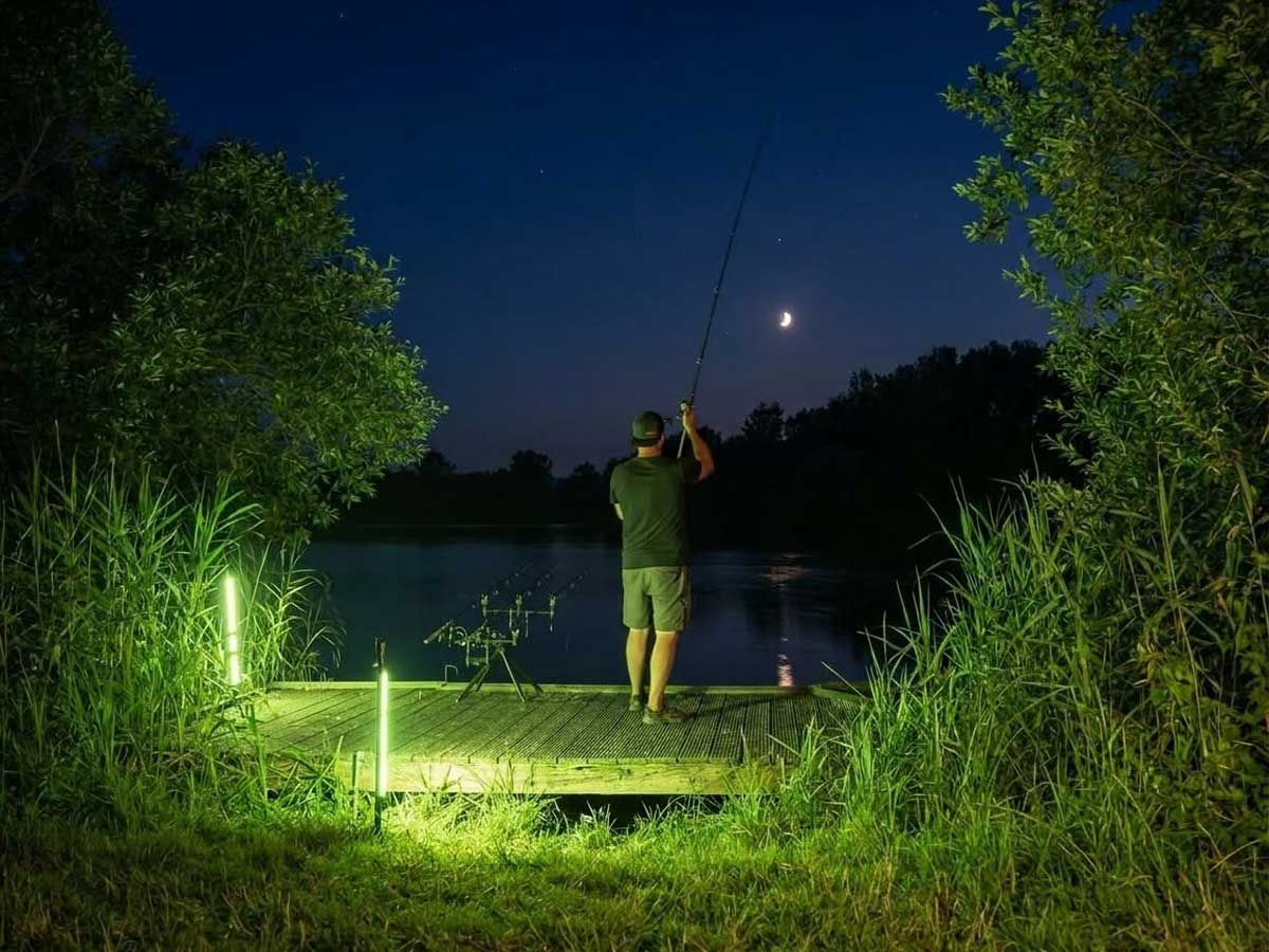FishSense LumiCatch BuzzOff mit grünem LED-Licht beim Nachtangeln