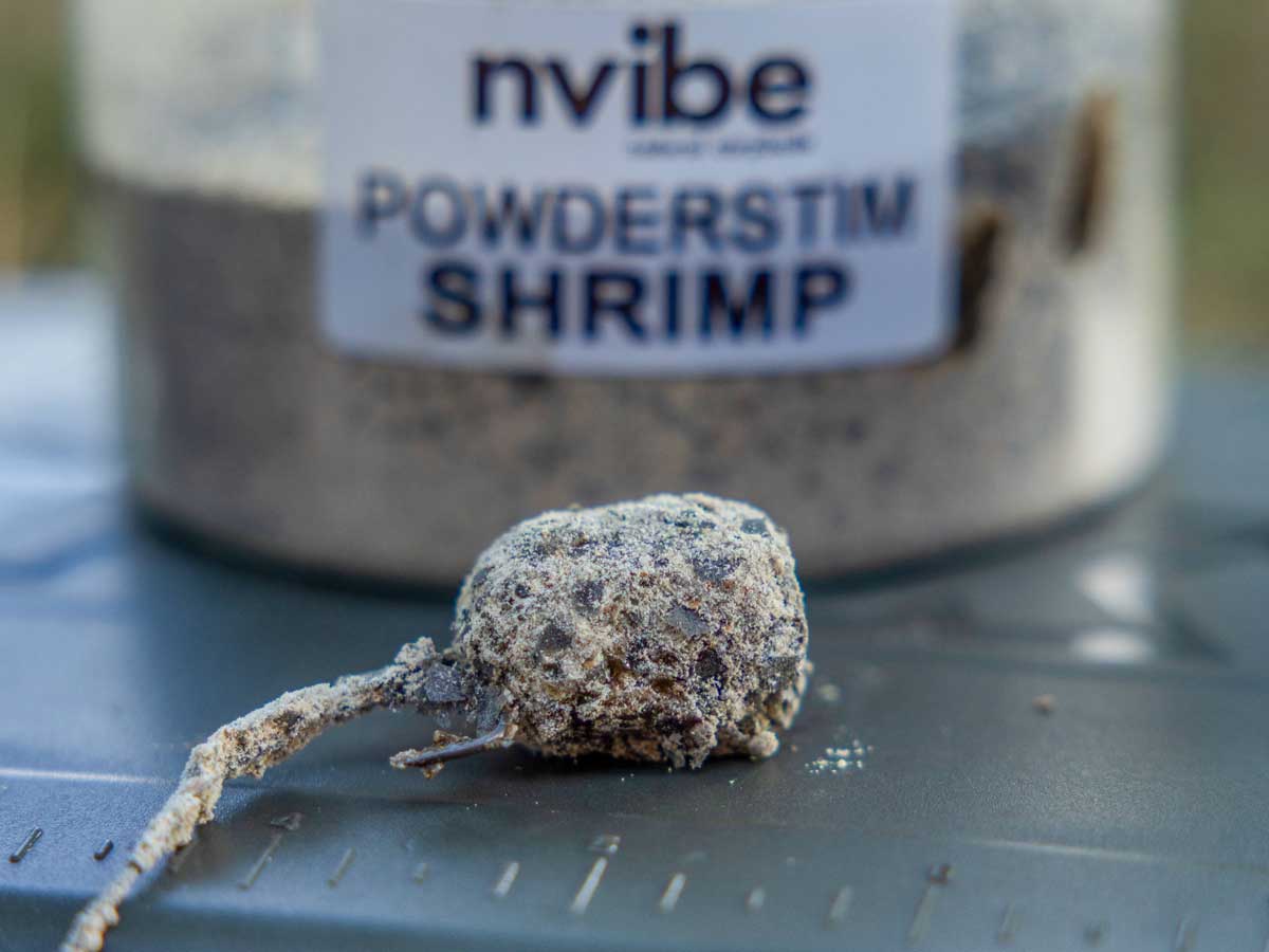 NVIBE Powderstim Shrimp mit ummanteltem Hakenköder beim Karpfenangeln