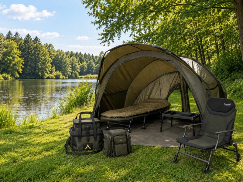 Komplettes Anaconda Karpfen-Camp mit Zelt, Karpfenliege, Stuhl, Schlafsack, Taschen und Bivvy Table