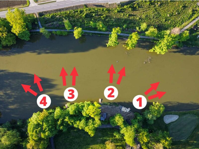 Légifelvétel a Floppypoolról, bejelölt horgászterületekkel