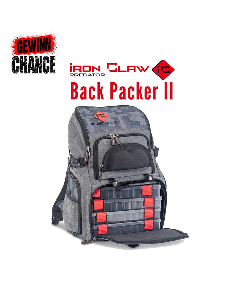 Iron Claw Back Packer II als Angelrucksack mit Boxen für Raubfischangler
