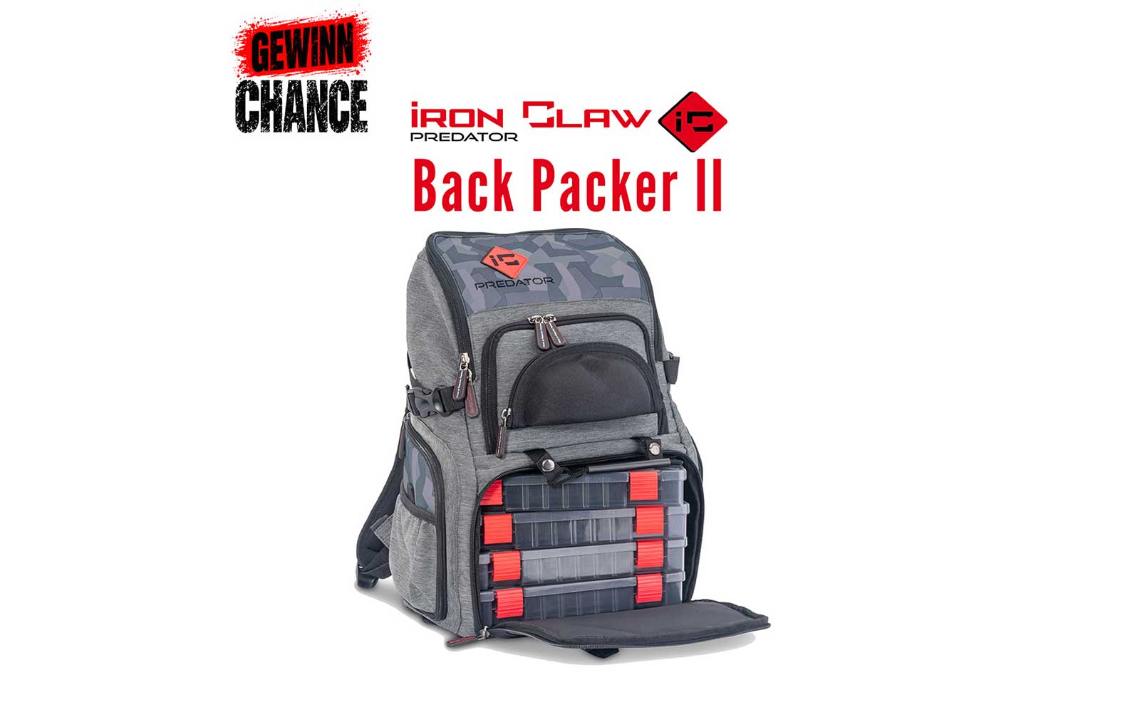 Iron Claw Back Packer II Angelrucksack mit vier Tackleboxen als MEGA-Gewinn