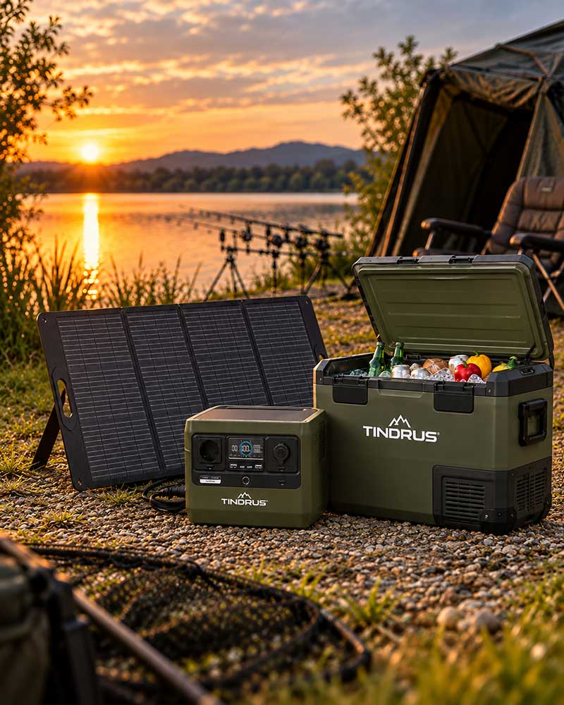 Tindrus System für Solarstrom und mobile Stromversorgung beim Angeln mit Powerstation, Solarmodul und Kühlbox