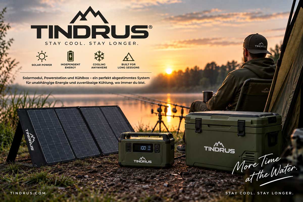 Tindrus System mit Solarmodul, Powerstation und Kompressor-Kühlbox fürs Angeln