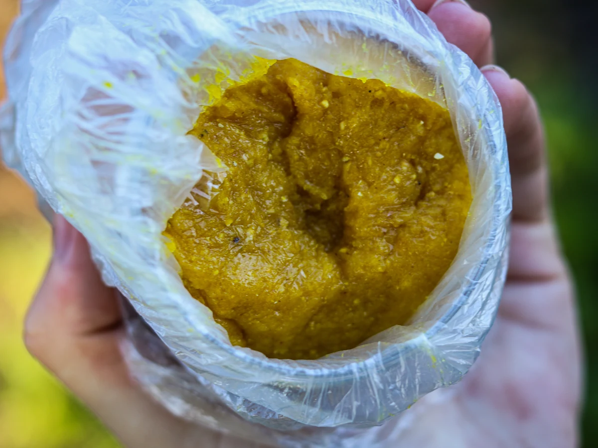 Hand hält eine geöffnete Dose Anaconda AI Carp Bait Paste mit gelber Boiliepaste