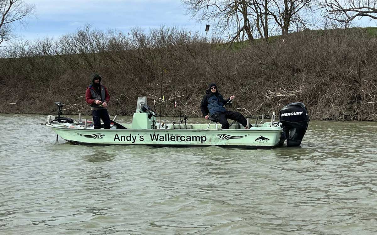 Modernes Leihboot von Andy’s Wallercamp mit Steuerkonsole und Echolot am Po